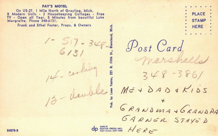 Fays Motel (Grayling Extended Stay) - Vintage Postcard Back